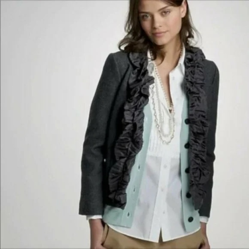 J. Crew Gray Cropped Blazer with Ruffled Trim